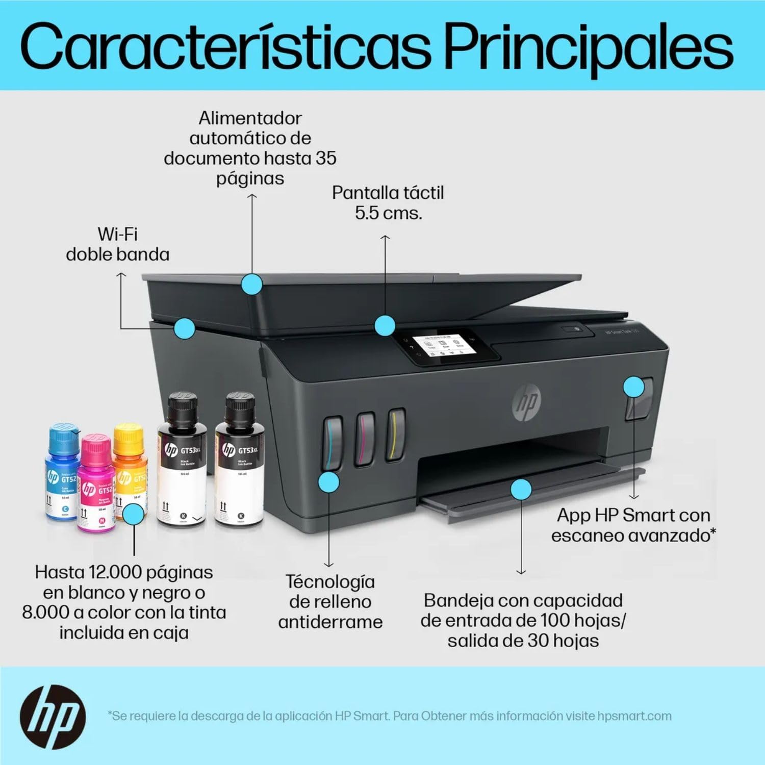HP Impresora Multifuncional HP Smart Tank 530, Tinta Continua, Color, Wi-Fi, Dúplex (Doble Cara) Manual, ADF Alimentador Automático (4SB24A)