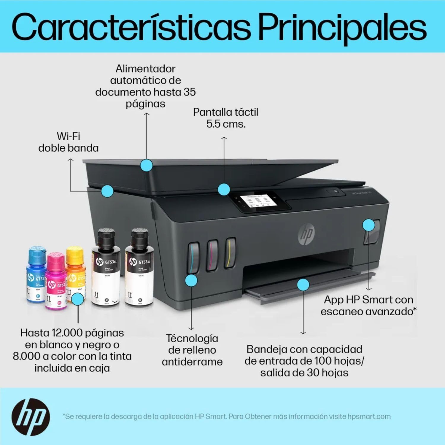 HP Impresora Multifuncional HP Smart Tank 530, Tinta Continua, Color, Wi-Fi, Dúplex (Doble Cara) Manual, ADF Alimentador Automático (4SB24A)
