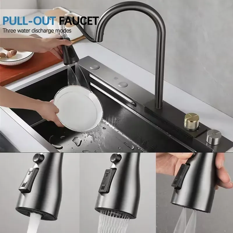Fregadero de cocina de acero inoxidable de 33 x 22 pulgadas, color negro nano, diseño de cascada y montaje empotrado (drop-in), cubeta única, con grifo extraíble y accesorios incluidos.