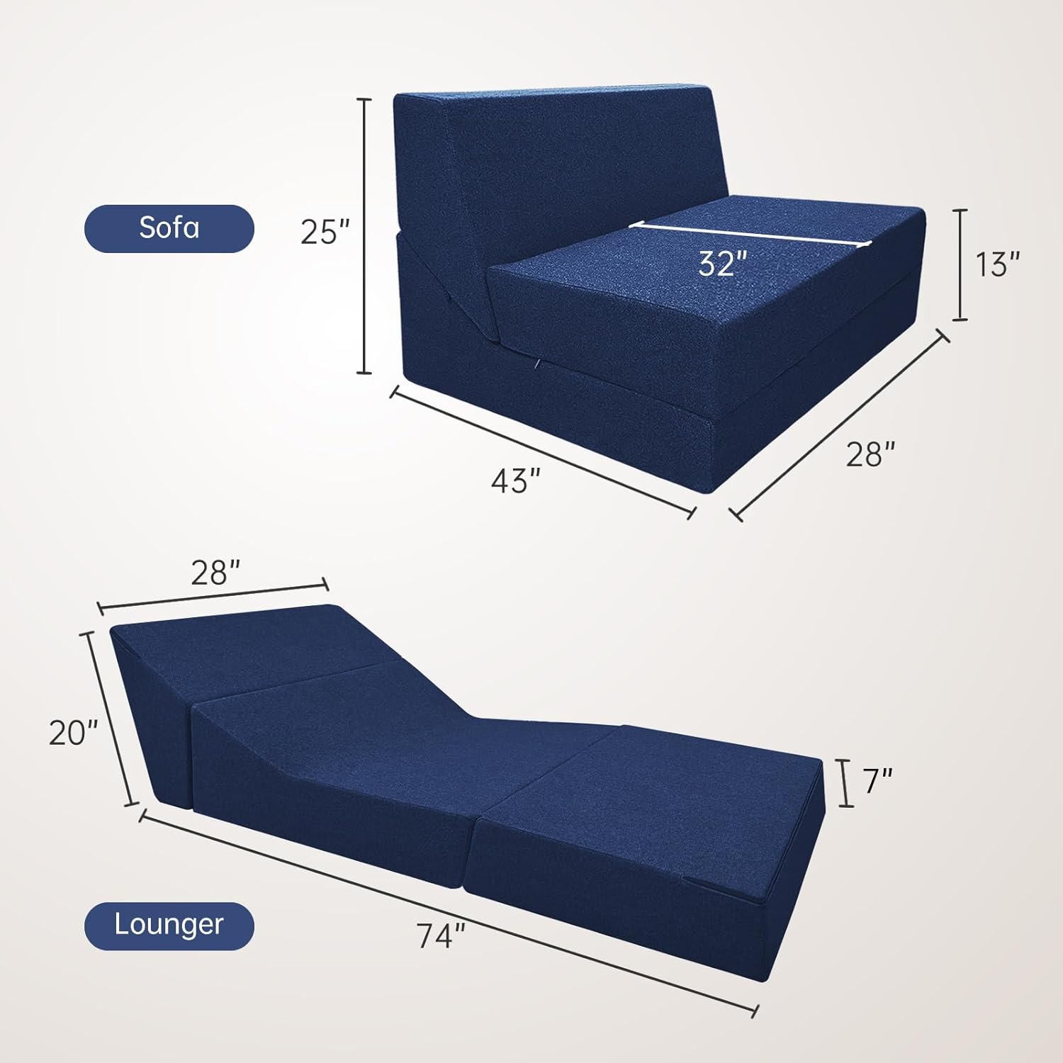 Nigoone - Sofá plegable tamaño Queen de espuma viscoelástica con 2 almohadas, sillón perezoso, triple futón, camas convertibles, funda lavable, gris oscuro
