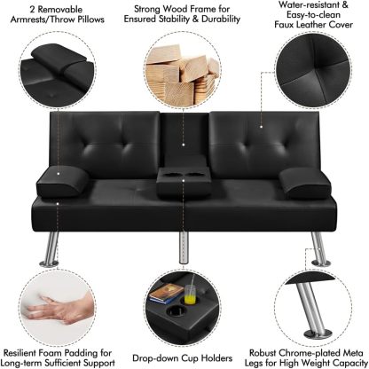 Yaheetech - Sofá Cama Convertible Ajustable, Moderno sillón reclinable de Piel sintética Reversible, sofá Cama Plegable, reposabrazos extraíbles, portavasos, 3 ángulos, Capacidad de 700 Libras, Color