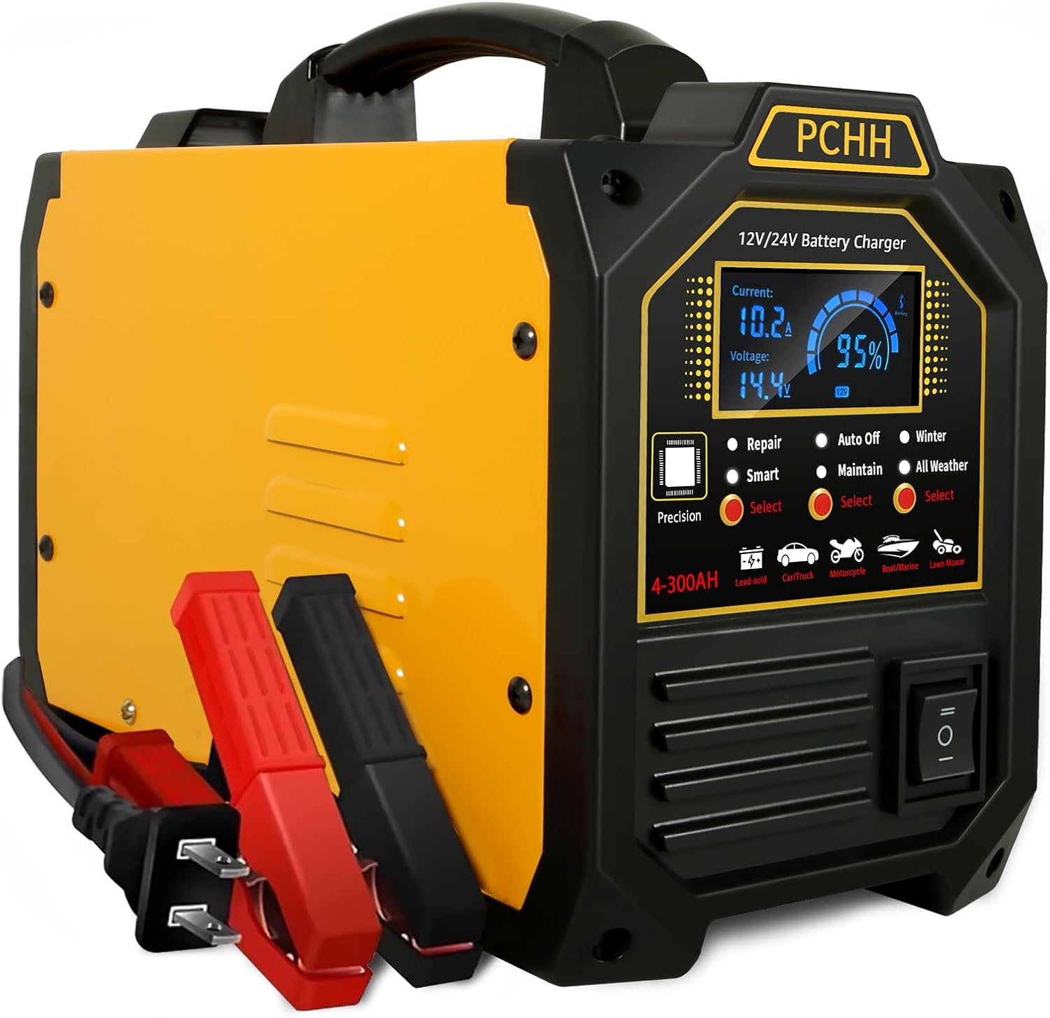 PCHH - Cargador de batería de coche de 12 V 24 V, resistente, mantenedor automático de batería de 0 a 15 A, cargador inteligente con apagado automático, reparación, modo de invierno, para automóvil,