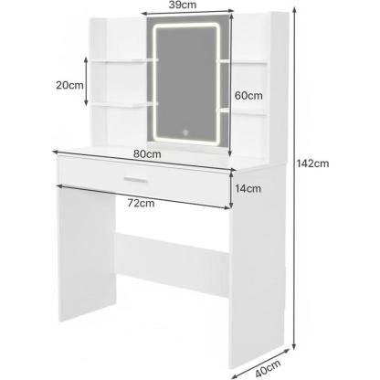 Tocador Moderno con Espejo, Mesa de Maquillaje con Cajón y Estantes, Organizador de Cosméticos para Dormitorio, Blanco