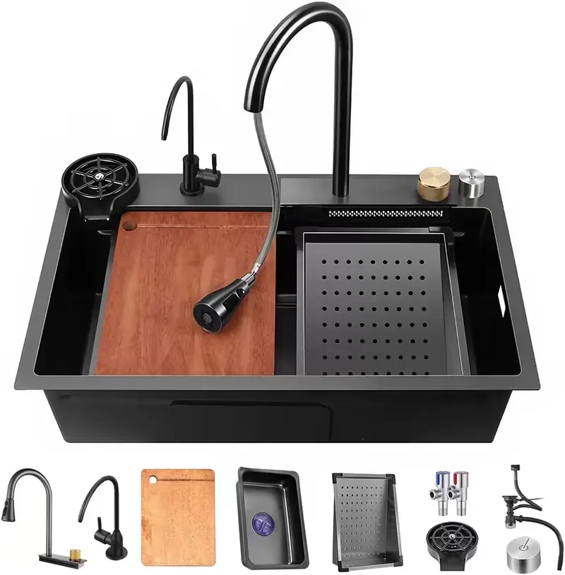 Fregadero de cocina de acero inoxidable de 33 x 22 pulgadas, color negro nano, diseño de cascada y montaje empotrado (drop-in), cubeta única, con grifo extraíble y accesorios incluidos.