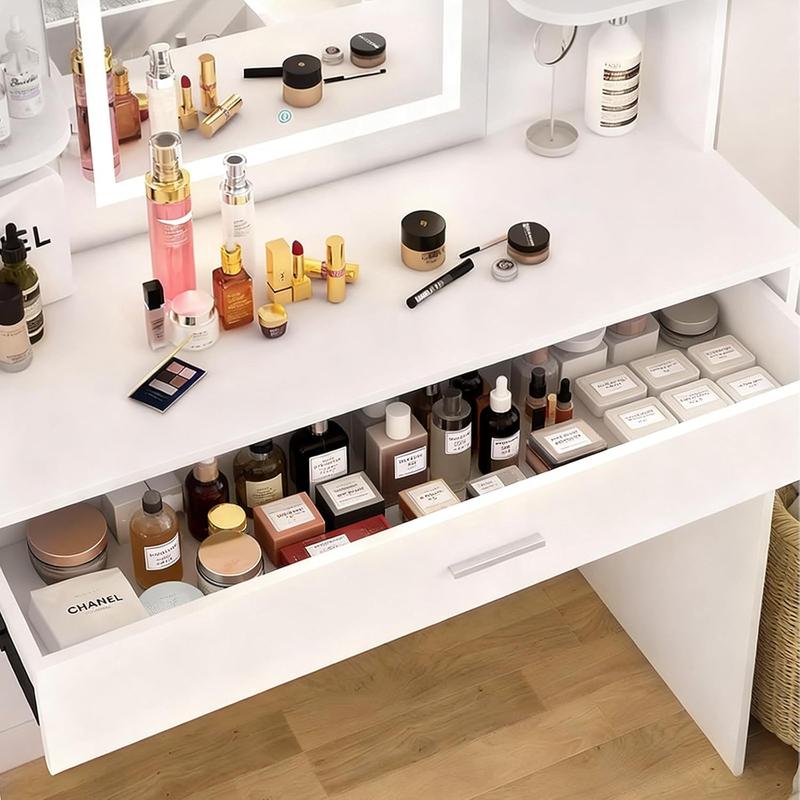 Tocador Moderno con Espejo, Mesa de Maquillaje con Cajón y Estantes, Organizador de Cosméticos para Dormitorio, Blanco