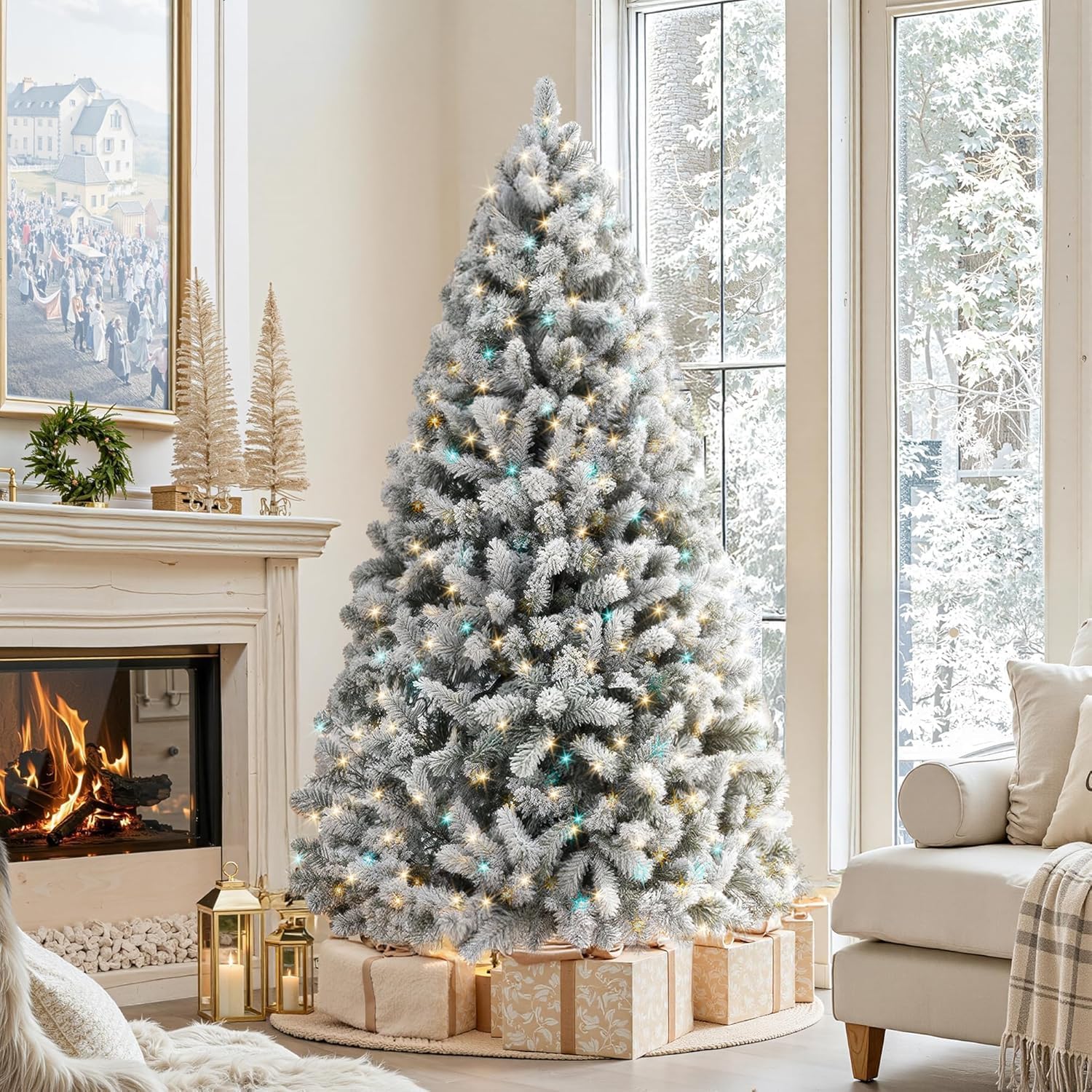DAHAN Árbol de Navidad Nevado con 250 Luces LED Integradas, 1.8M, PVC y PE, 1072 Puntas, Control por App, Multicolor y Blanco Cálido, Base de Metal