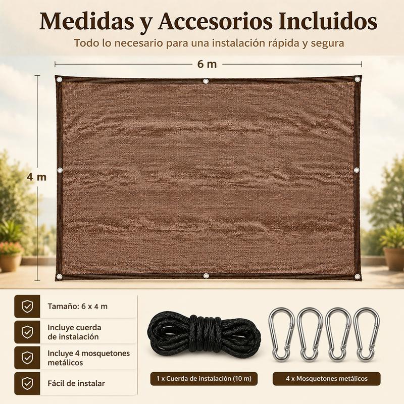 Malla Sombra Para Jardin 6x4 Metros Con Cuerda De 10 Metros + 4 Hebilla, 95 % De Bloqueo De La Luz Protección Uv Antiviento Y Impermeable Apto Para Uso En Exteriores, Patios Y Cocheras Beige
