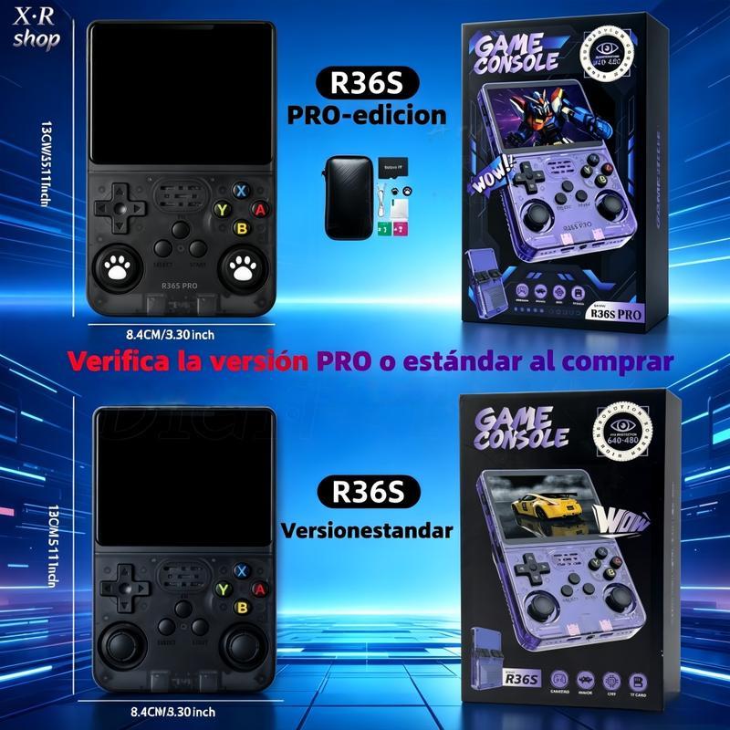 Versión R36S PRO / Estándar R36S, consola de videojuegos retro portátil, dos modelos disponibles. Sistema Linux, 23+ emuladores de alta gama, pantalla 4K de 3.5 pulgadas, almacenamiento 64G/128G opcional, con más de 20.000 / 40.000 juegos integrados.