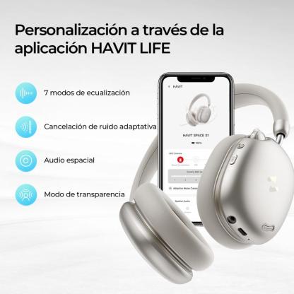 Mejores que los AirPods Max Audífonos HAVIT SPACE S1 Diadema | ANC Híbrido -45dB | Batería 100 Horas | Bluetooth 6.0 | Audio Hi-Res LHDC | Espuma Memoria Cómodos Todo el Día| 5 Micrófonos ENC Llamadas Nítidas | Carga Rápida 5min=5h | Audio Espacial | Cone