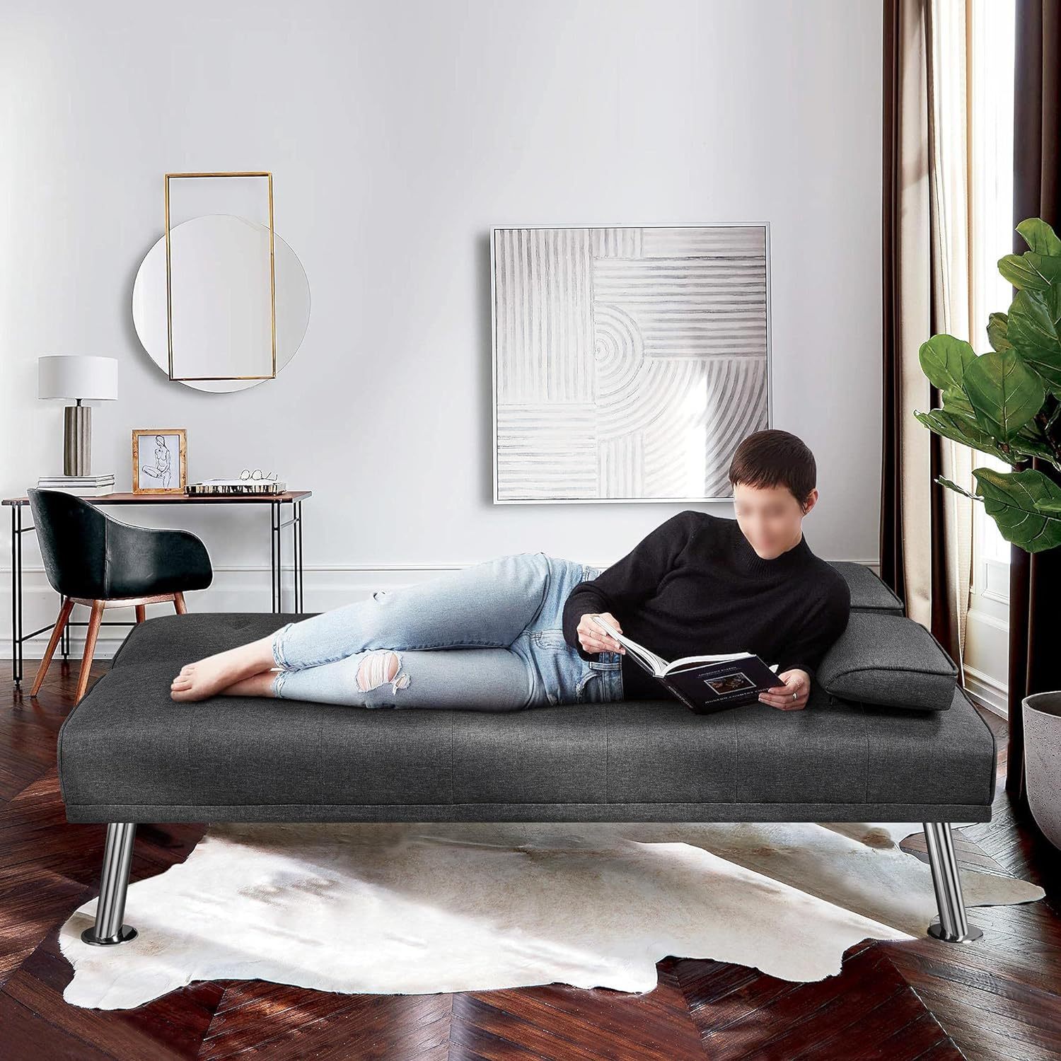 Yaheetech - Sofá cama convertible de tela de lino reclinable, con portavasos y reposabrazos extraíbles, soporta 350 kg
