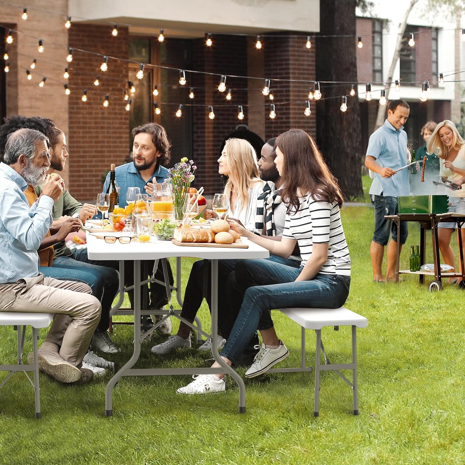 VINGLI Juego de mesa de picnic con 2 bancos, juego de sillas de mesa de camping de 6 pies, muebles plegables de 3 piezas para uso interior o exterior