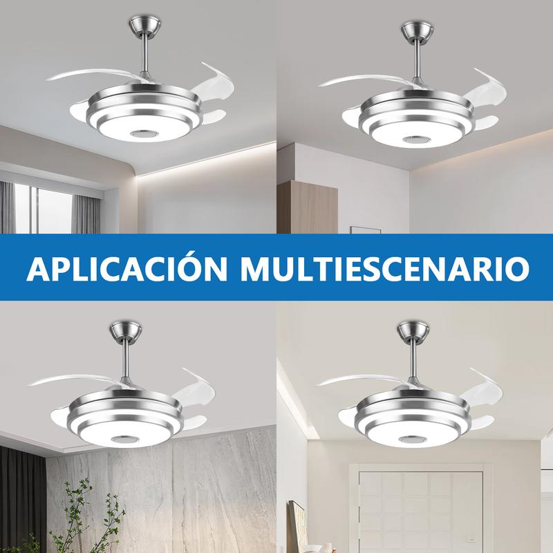 Lámpara con Ventilador de Techo MEGALUZ 42 Pulgadas Hoja Retráctil, 3 Temperaturas de Color, Bluetooth, Control Remoto, para Sala/Habitación