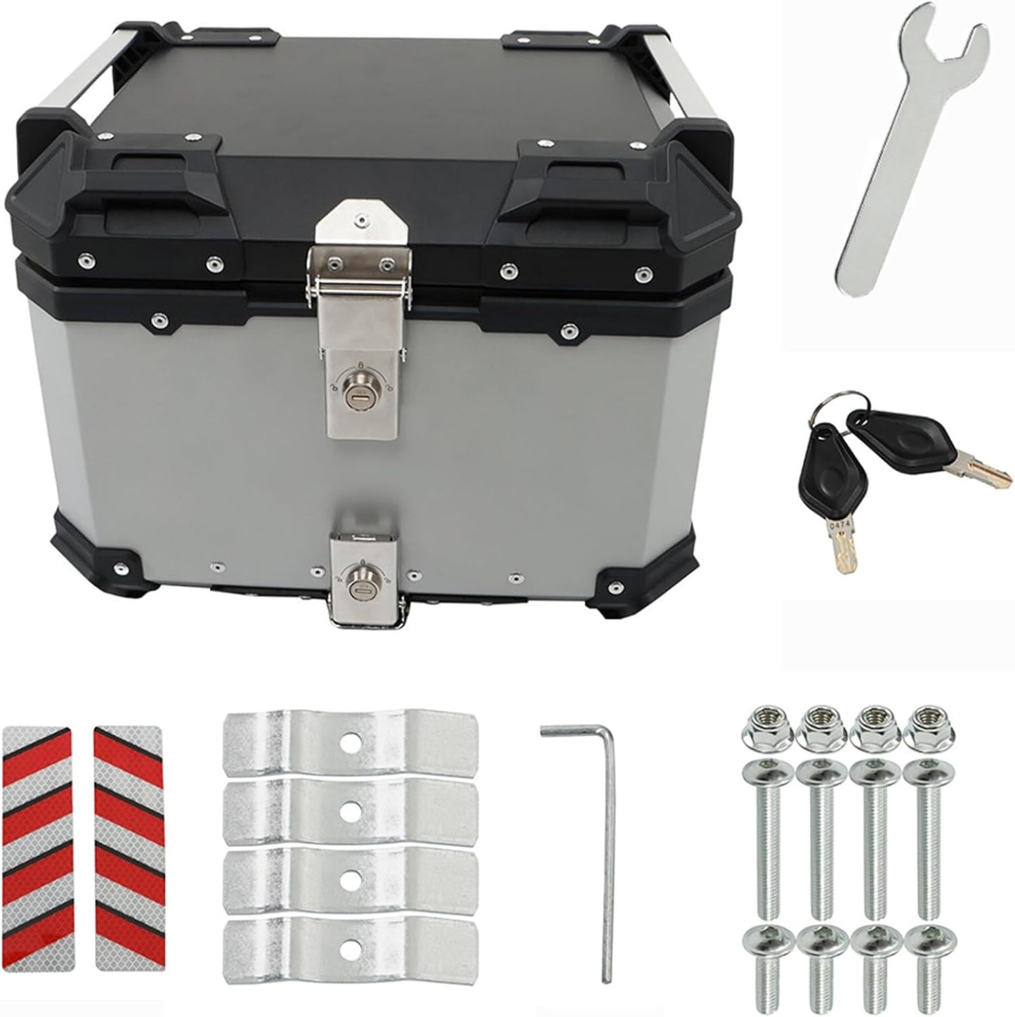 Labwork - Caja trasera para motocicleta de 45 l, con placa de montaje, aleación de aluminio dura, cierre de seguridad contra robo, metal plateado, caja trasera para maletero