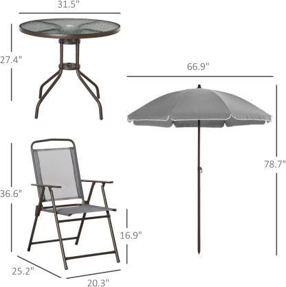Outsunny - Juego de comedor de 6 piezas para 4 con paraguas, mesa y sillas al aire última intervensión con 4 sillas de comedor plegables y mesa redonda de vidrio para jardín, patio trasero y piscina