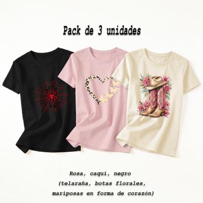 Camiseta de manga corta con cuello redondo elástico para mujer, ideal para llevar en casa o salir, muy versátil y práctica (pack de 3)