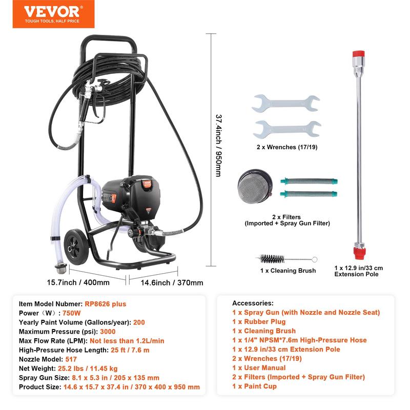 Pulverizador de pintura sin aire con soporte, 3000 PSI, 750 W, para interiores y exteriores del hogar, muebles y vallas, pulverizador de pintura manual con manguera