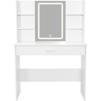 Tocador Moderno con Espejo, Mesa de Maquillaje con Cajón y Estantes, Organizador de Cosméticos para Dormitorio, Blanco