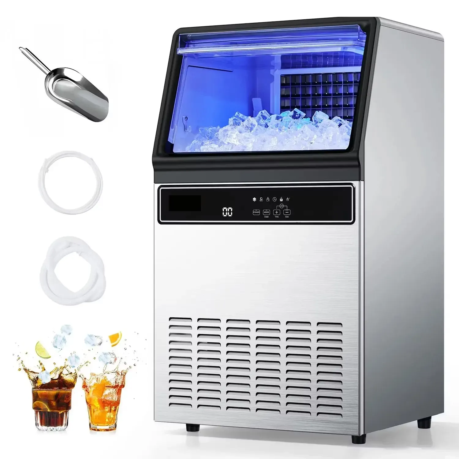 Máquina de hielo comercial, capacidad de 130 libras/24 h y almacenamiento de 33 libras, 45 cubitos por ciclo; fabricadora de hielo de acero inoxidable (independiente o empotrable) con pantalla LED y autolimpieza, ideal para hogares, bares y restaura