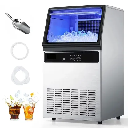 Máquina de hielo comercial, capacidad de 130 libras/24 h y almacenamiento de 33 libras, 45 cubitos por ciclo; fabricadora de hielo de acero inoxidable (independiente o empotrable) con pantalla LED y autolimpieza, ideal para hogares, bares y restaura
