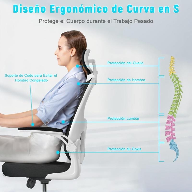Silla de Oficina, para Gaming, Escritorio Ergonmica con Reposacabezas, Ajustable y con Soporte Lumbar Respaldo de Malla Transpirable Reposabrazos Abatibles de 90 Giratoria 360 (SF168-002)