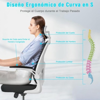 Silla de Oficina, para Gaming, Escritorio Ergonmica con Reposacabezas, Ajustable y con Soporte Lumbar Respaldo de Malla Transpirable Reposabrazos Abatibles de 90 Giratoria 360 (SF168-002)