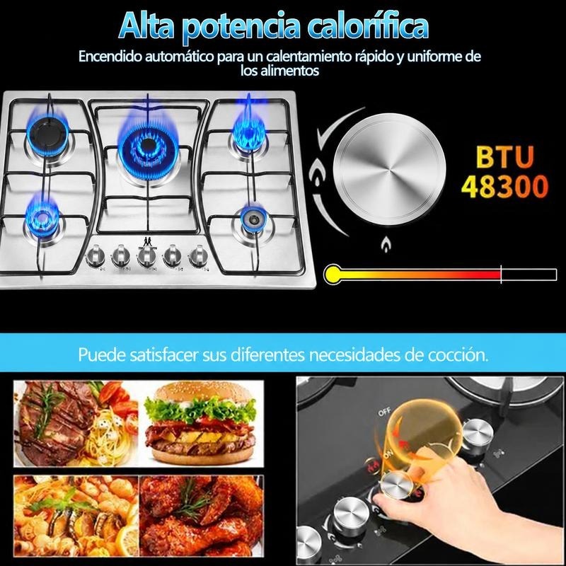 Parrilla de Gas Acero Inoxidable 5 Quemadores Empotrable Resistente Duradera Fácil de Limpiar para Cocina