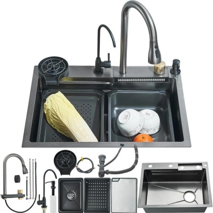 Fregadero de cocina, fregadero de acero inoxidable con cascada, fregadero moderno con dispensador y accesorios para bar, comedor y exterior (60 x 46 cm)