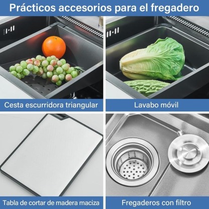 Fregadero de cocina, fregadero de acero inoxidable con cascada, fregadero moderno con dispensador y accesorios para bar, comedor y exterior (60 x 46 cm)