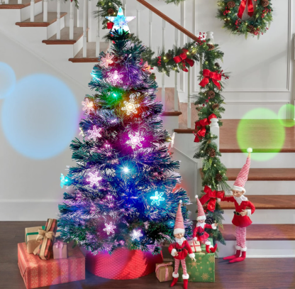 Juegoal Árbol de Navidad Artificial Verde Preiluminado de 3 pies, Mini Árboles de Navidad de Mesa de Fibra Óptica Iluminada con Luces que Cambian de Color, Copos de Nieve y Estrella Superior, Árbol