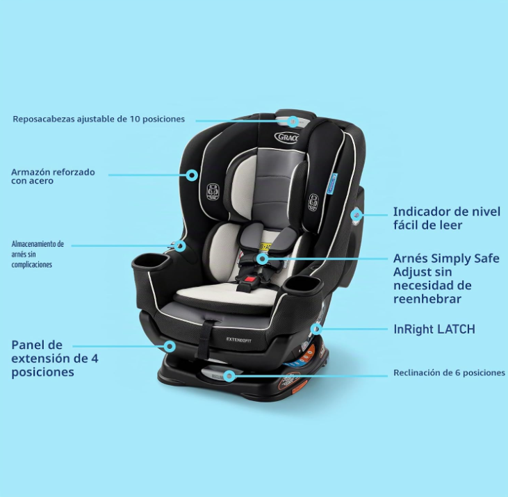 Asiento de coche convertible Graco Extend2Fit 3 en 1 para bebé, orientación hacia atrás y hacia adelante, panel de extensión ajustable para espacio extra para las piernas, Ashten