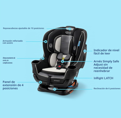 Asiento de coche convertible Graco Extend2Fit 3 en 1 para bebé, orientación hacia atrás y hacia adelante, panel de extensión ajustable para espacio extra para las piernas, Ashten