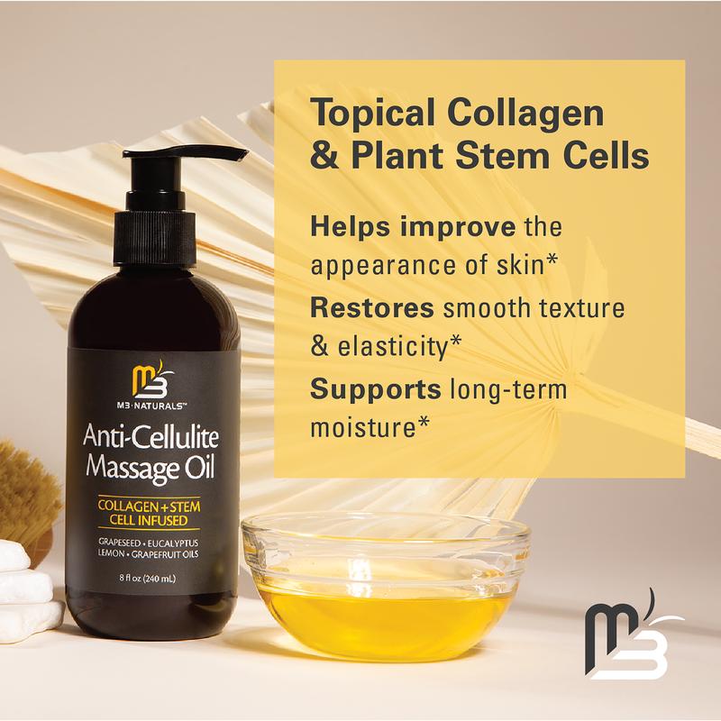 M3 Naturals Cellulite Massage Oil 8oz - Smooth the Appearance of Cellulite - Body Care & Skin Care Massage Oil - Topical Collagen and Plant Stem Cell Body Oil to Restore Texture and Elasticity - Soothing Body Oil