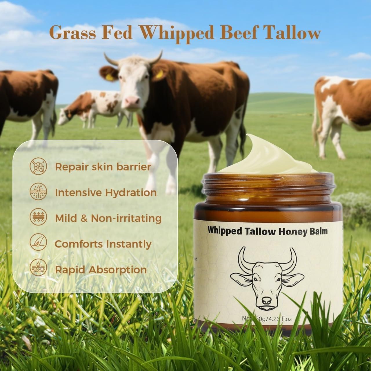 Lopeie Whipped Grass-Fed Beef Tallow Honey Balm - 4 Oz,Moisturizing Soft, Smooth Skin - Handmade Moisturizer - Lavender,Hydrating, Comfort,, Luminous Firming, Body Care, Hydrating Dry Skin