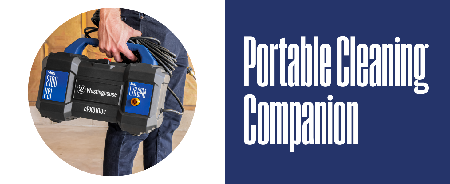 A man carries the ePX3100v pressure washer. Text reads, "Portable Cleaning Companion".
