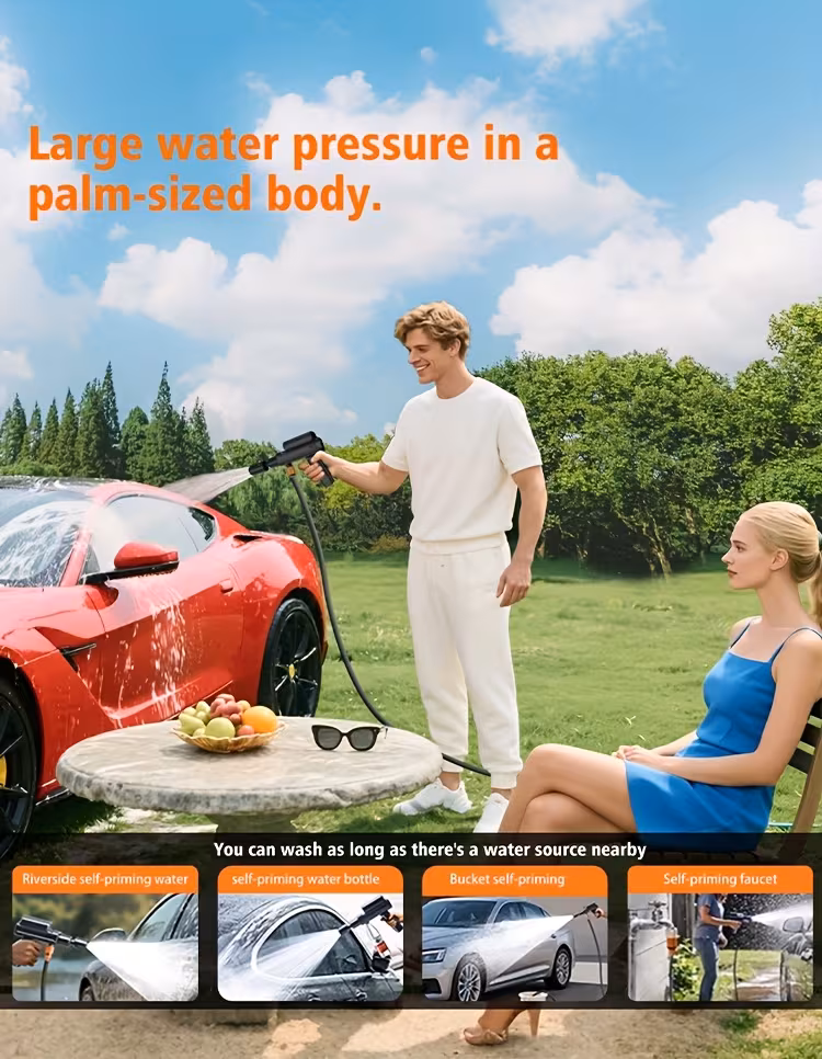 a portable electric car washer that operates wirelessly and uses high pressure three 4000mah lithium batteries and hoses of 5 meters and 10 meters in length its lightweight convenient to transport Product details 4