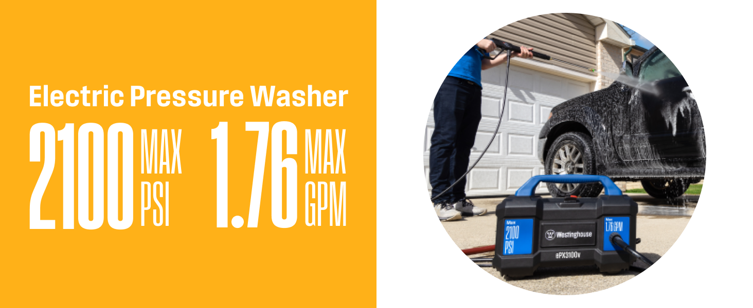 ePX3100v being used to clean a vehicle. 2100 Max PSI, 1.76 GPM electric pressure washer.