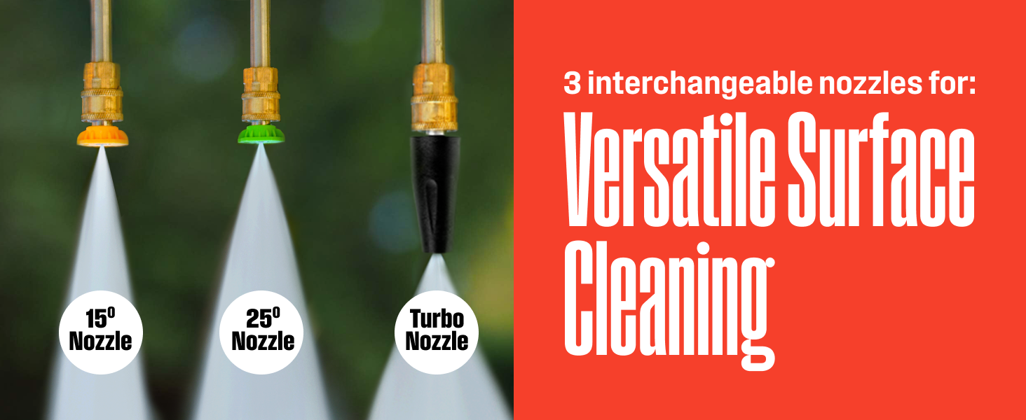 3 interchangeable nozzles for versatile surface cleaning. 0&deg;, 15&deg;, and turbo nozzles.