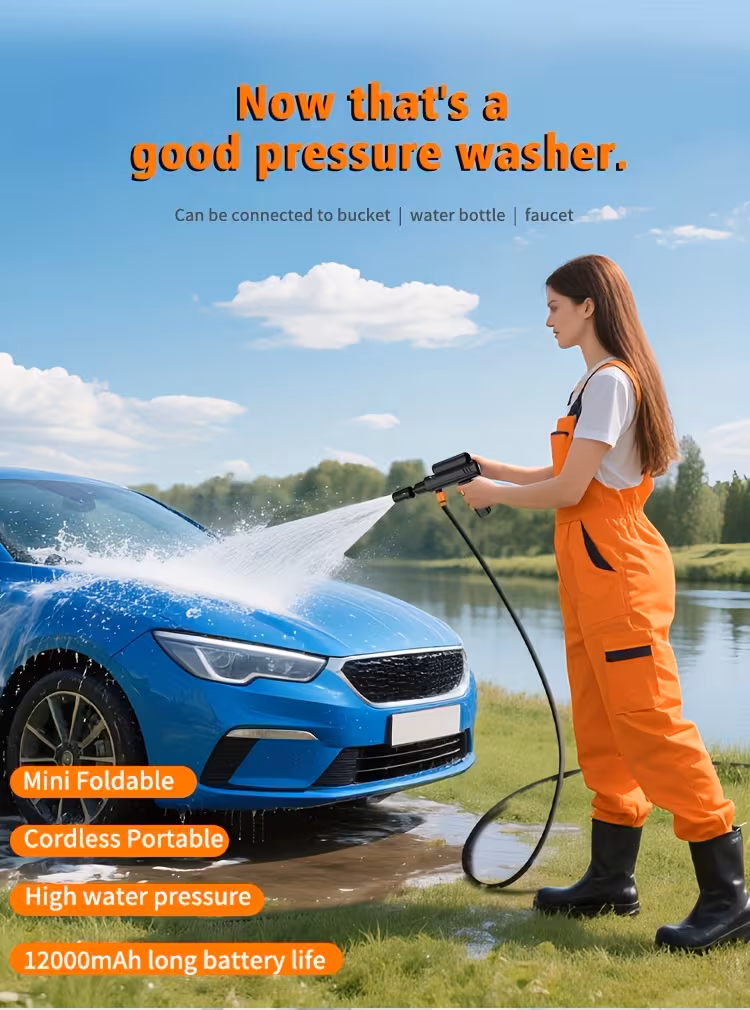 a portable electric car washer that operates wirelessly and uses high pressure three 4000mah lithium batteries and hoses of 5 meters and 10 meters in length its lightweight convenient to transport Product details 2