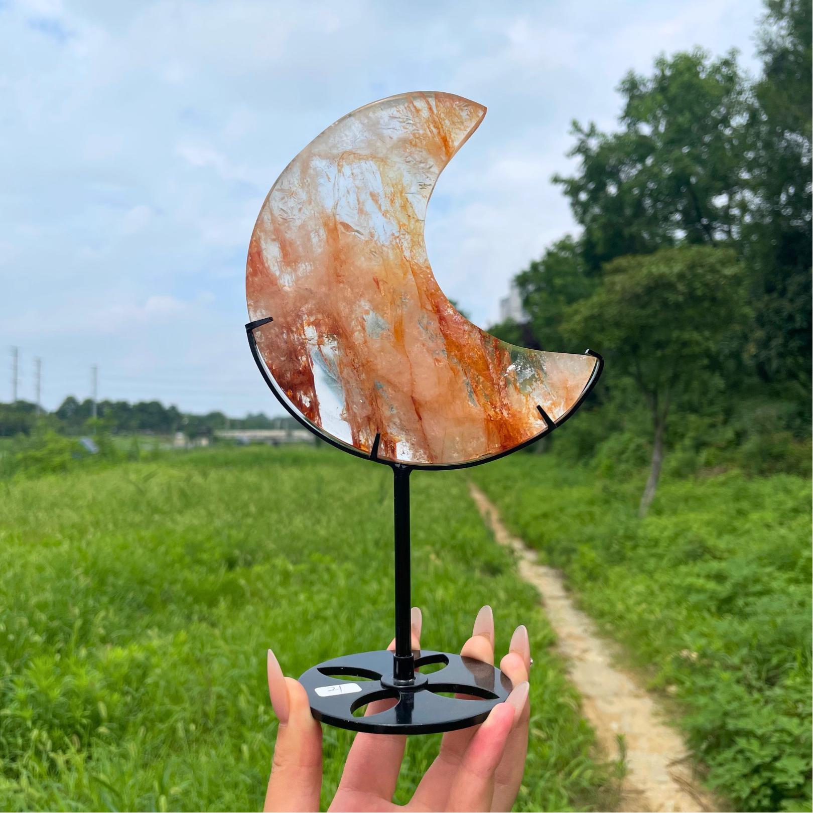Fire Quartz Crescent Moon on Metal Stand