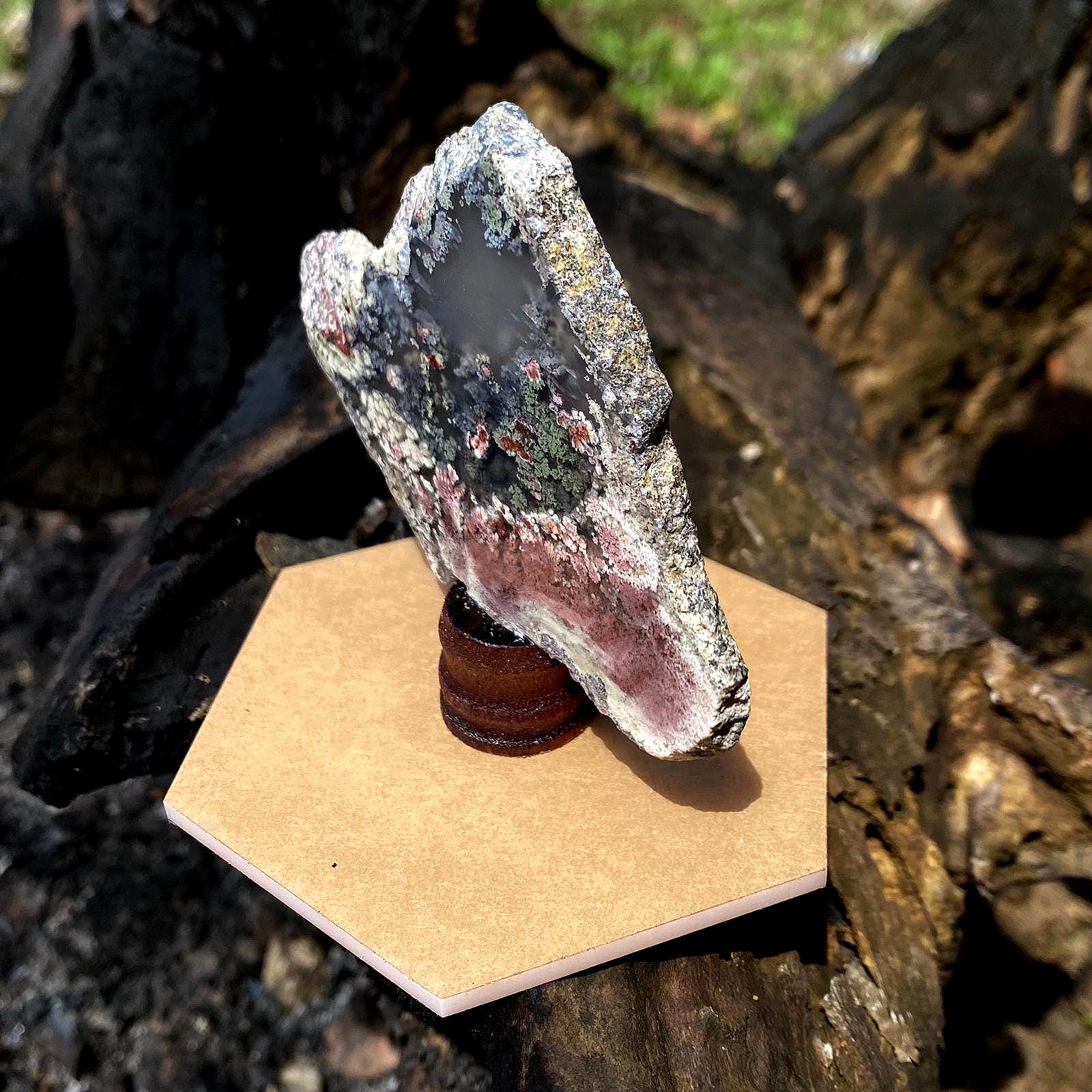 Moss Agate Slab on Wood Stand