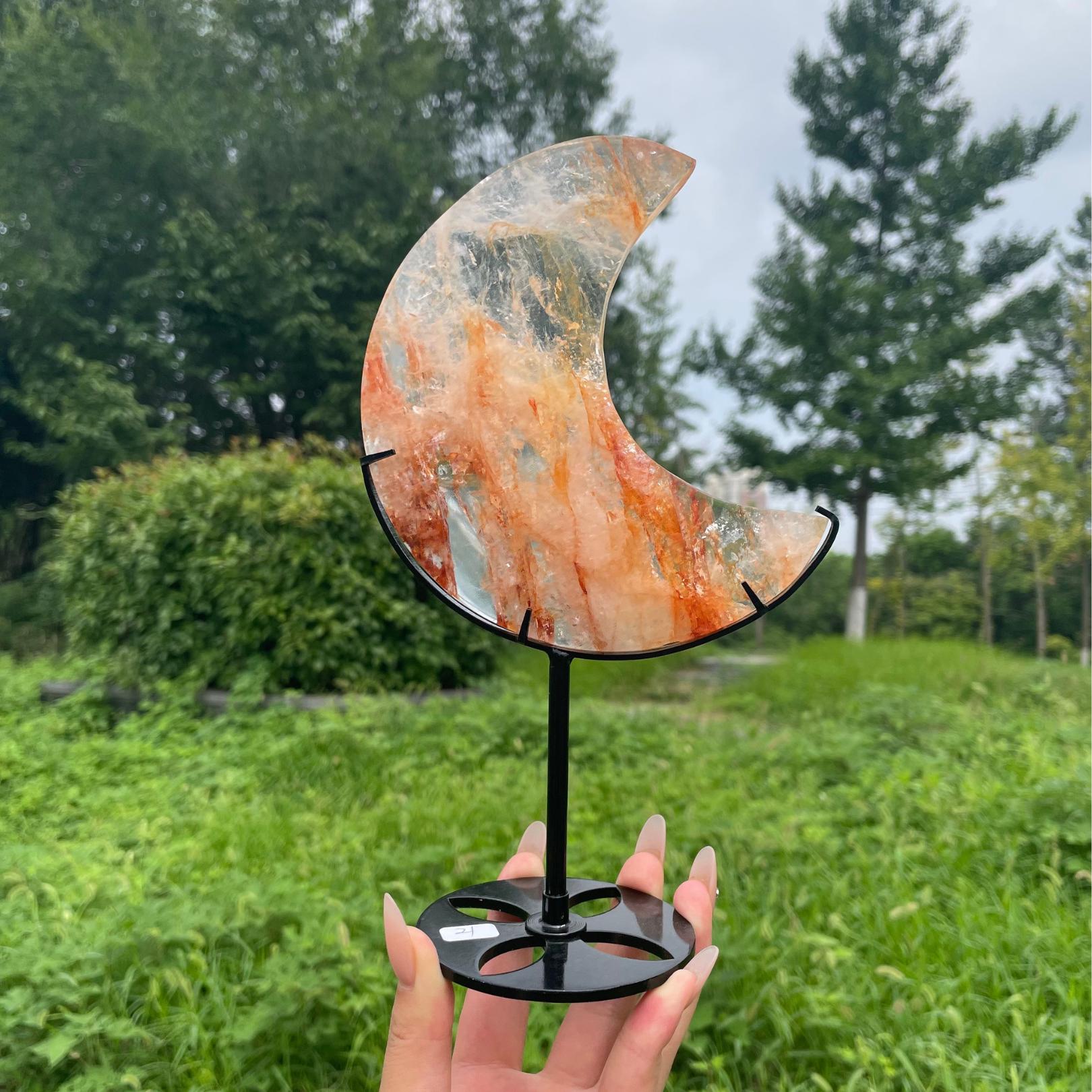Fire Quartz Crescent Moon on Metal Stand