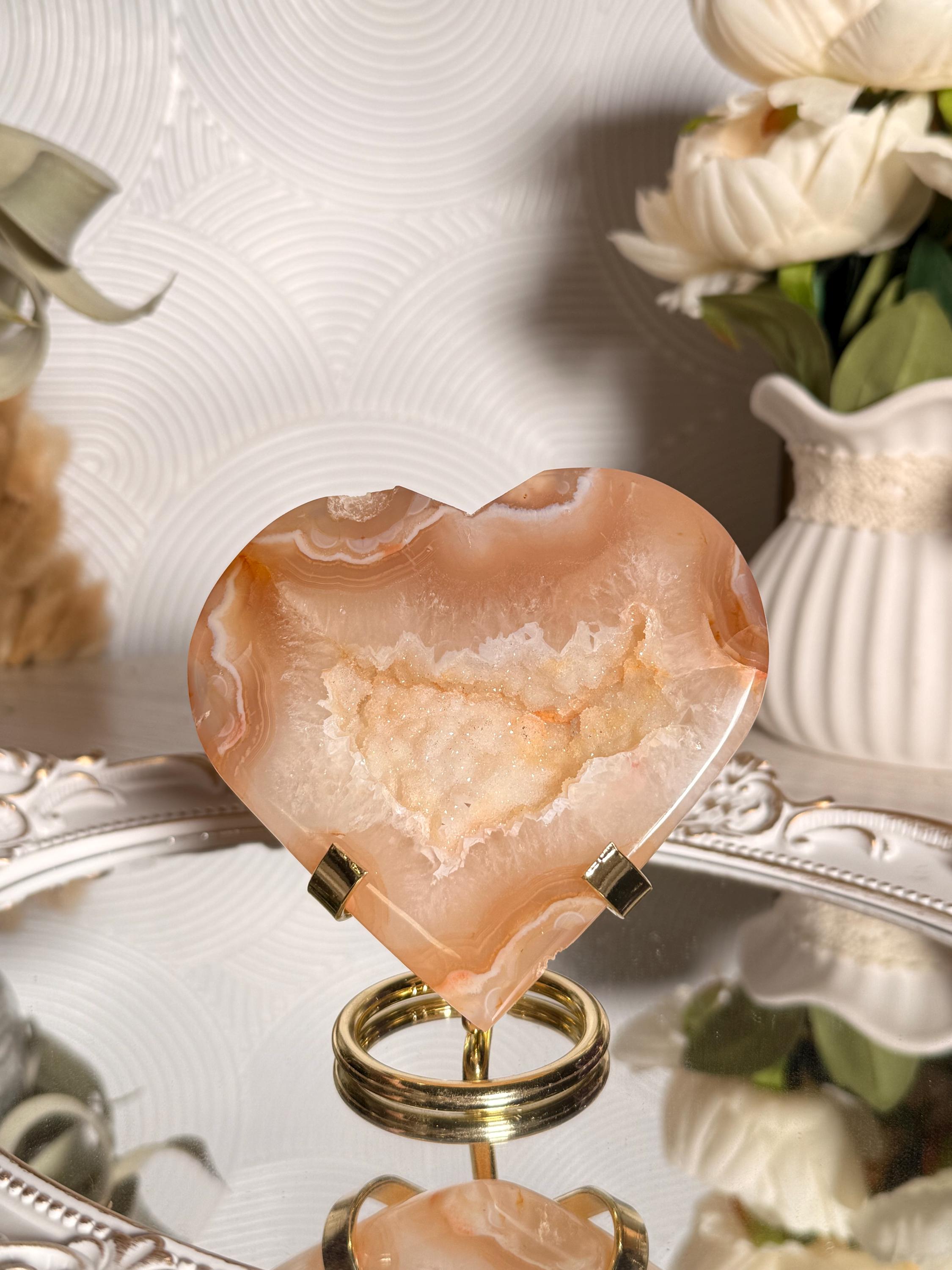 Champagne Banded Agate Druzy Heart, 4.1 Inch