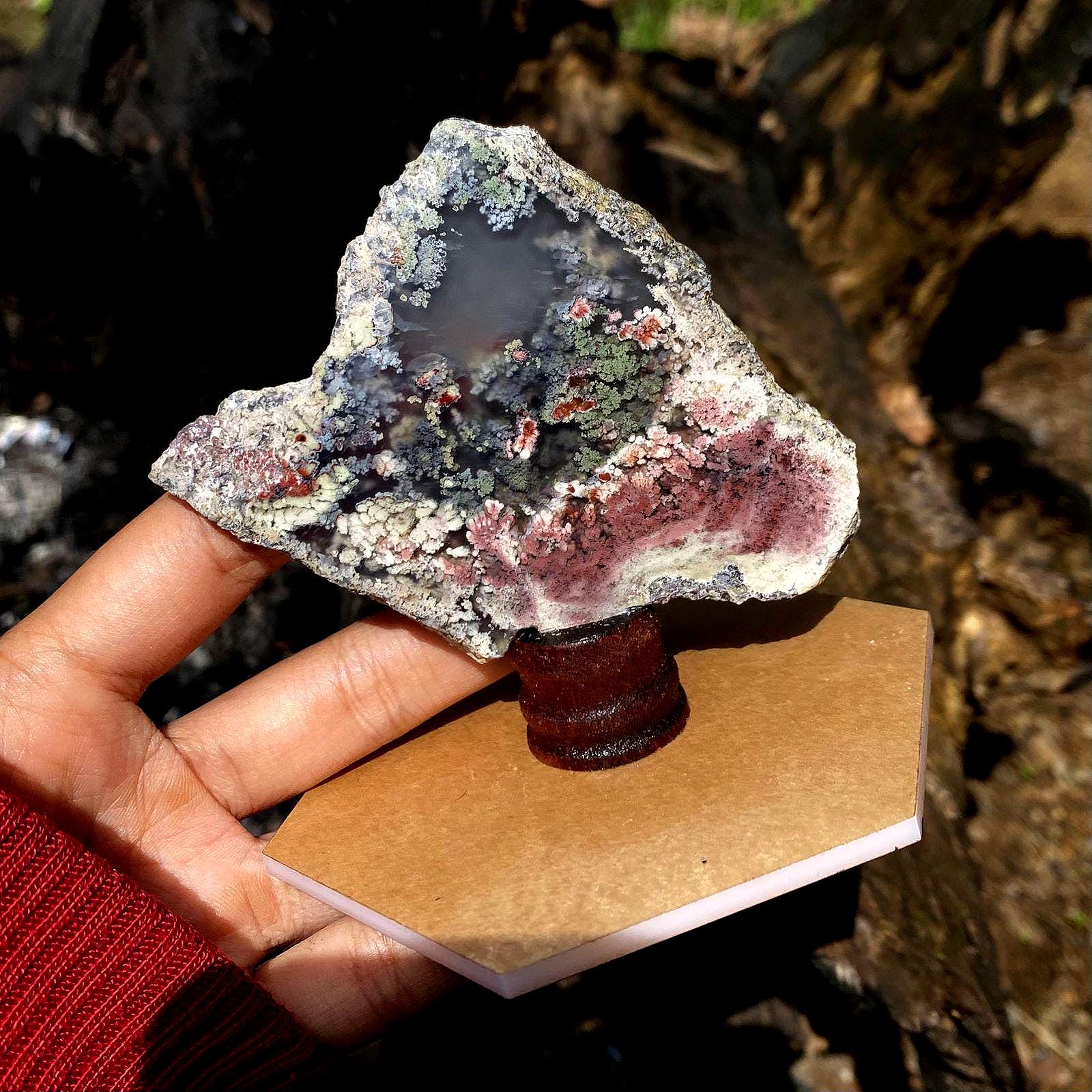 Moss Agate Slab on Wood Stand