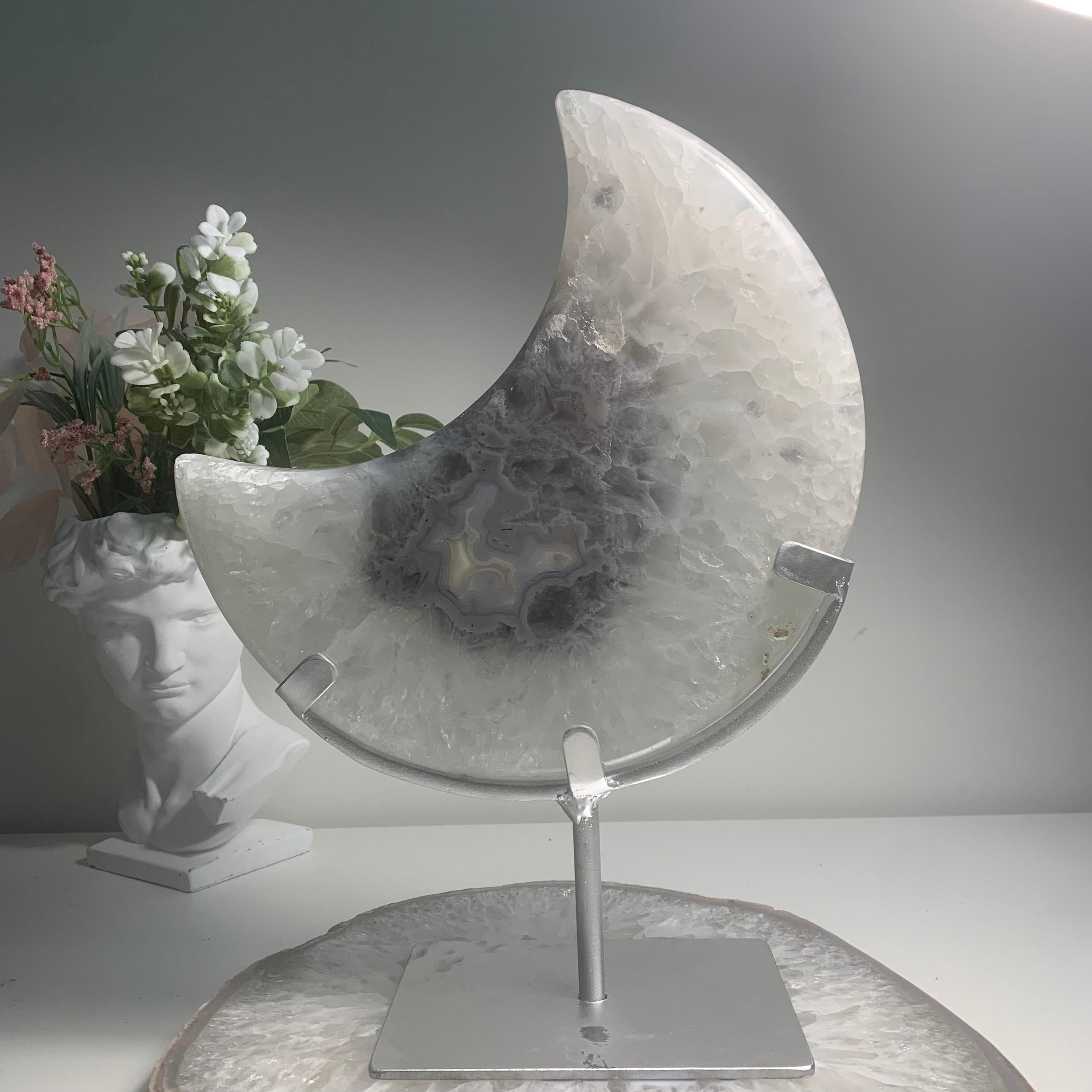 Blue Agate Druzy Moon on Metal Stand