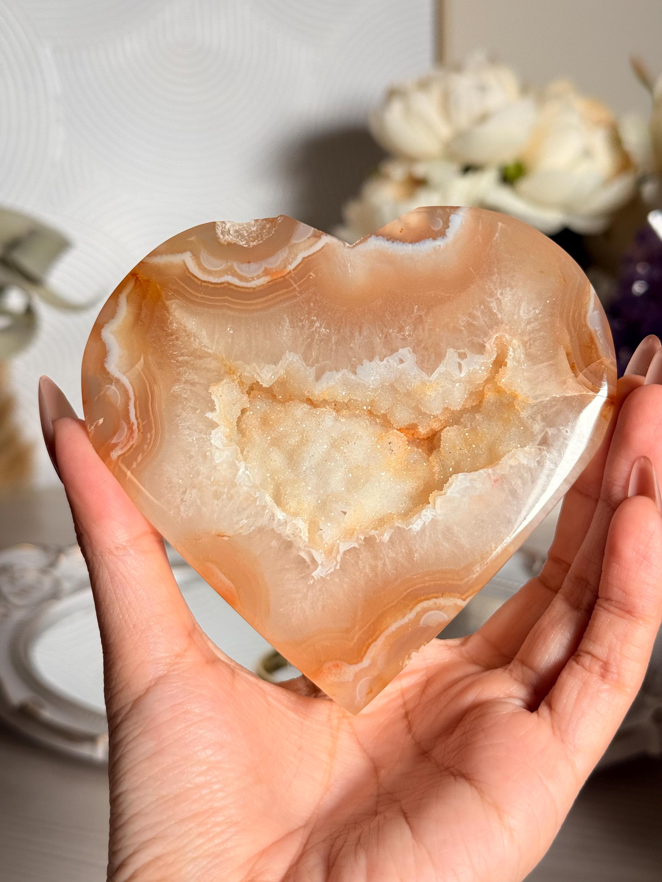 Champagne Banded Agate Druzy Heart, 4.1 Inch