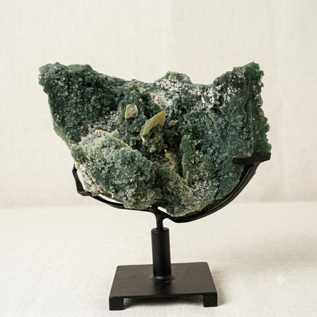 Green Sugar Druzy Quartz Cluster on Metal Stand