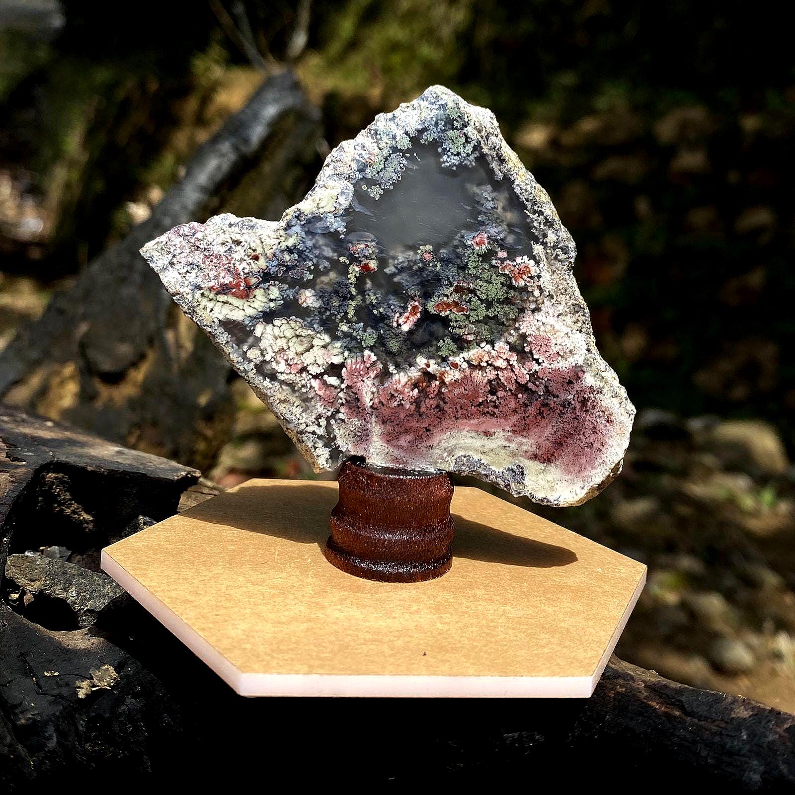 Moss Agate Slab on Wood Stand