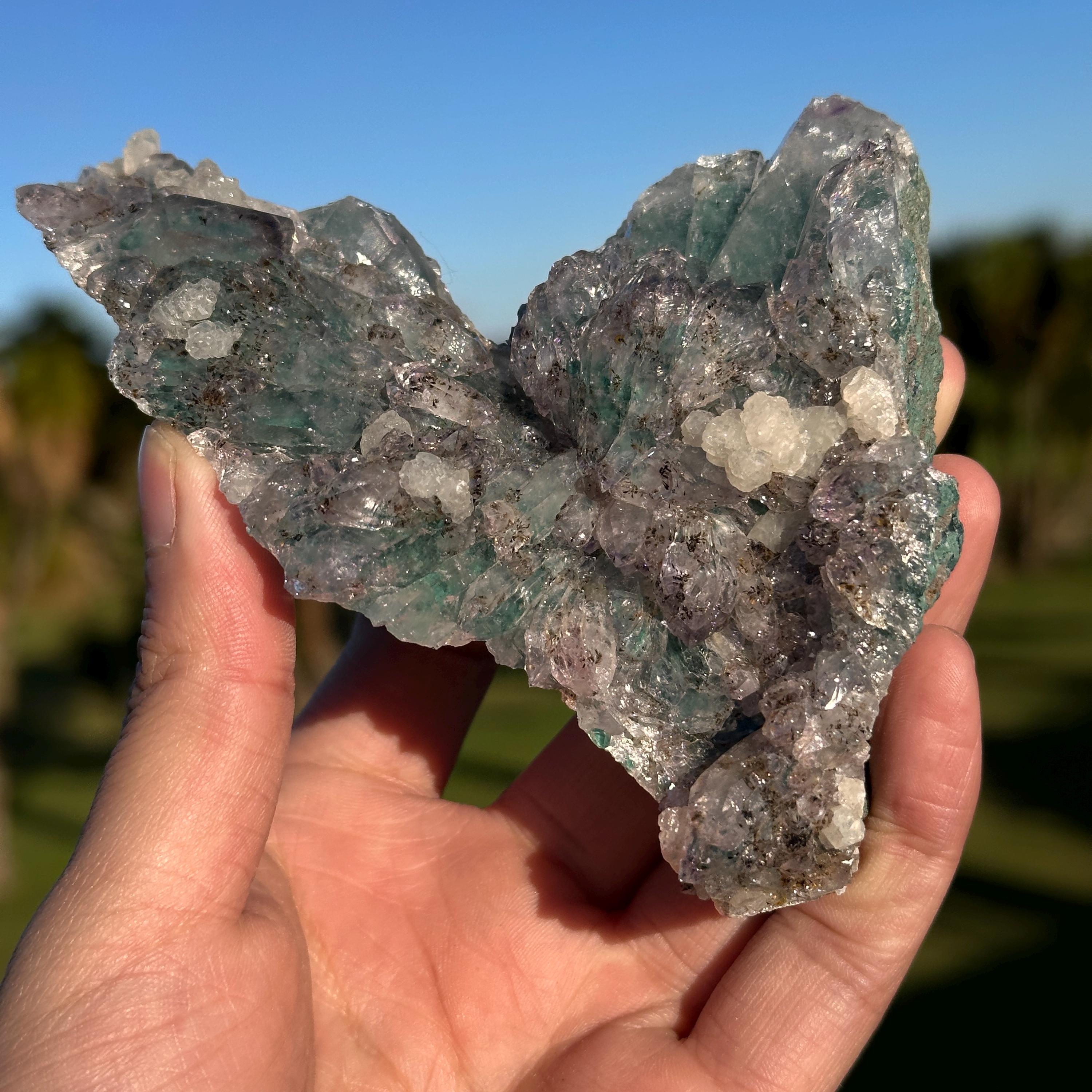 Phantom Quartz and Calcite Crystal Cluster