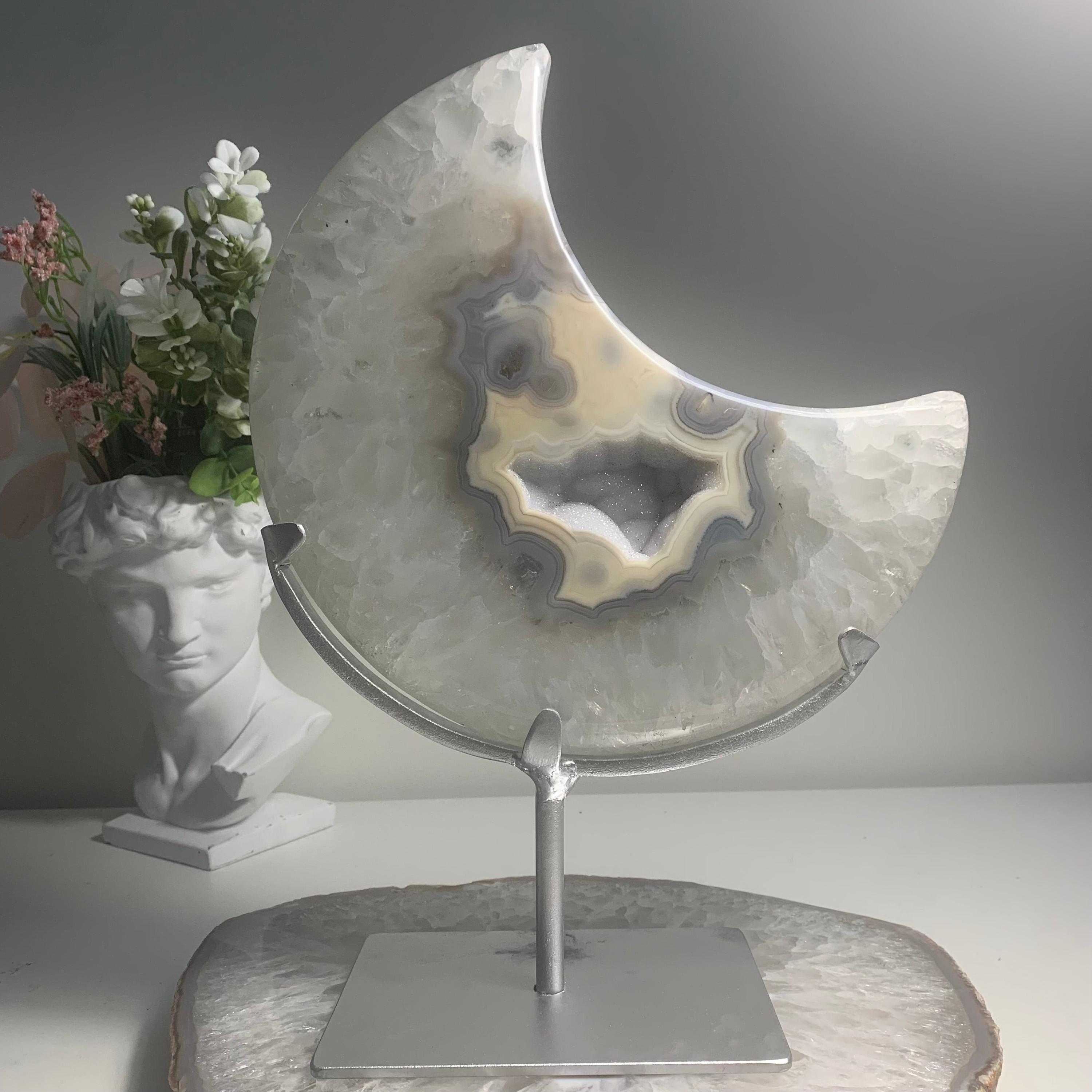 Blue Agate Druzy Moon on Metal Stand
