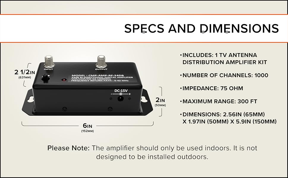 SPECS AND DIMENSIONS FOR DIGITAL TV SIGNAL AMPLIFIER KIT
